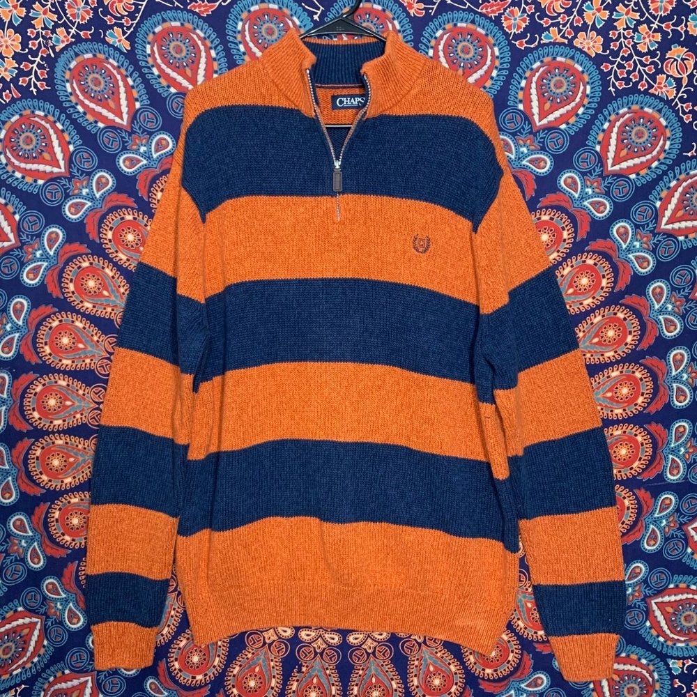 UVA Chaps Knit Quarter Zip Mock Neck XL Orange Stripe Long Sleeve Pull Over